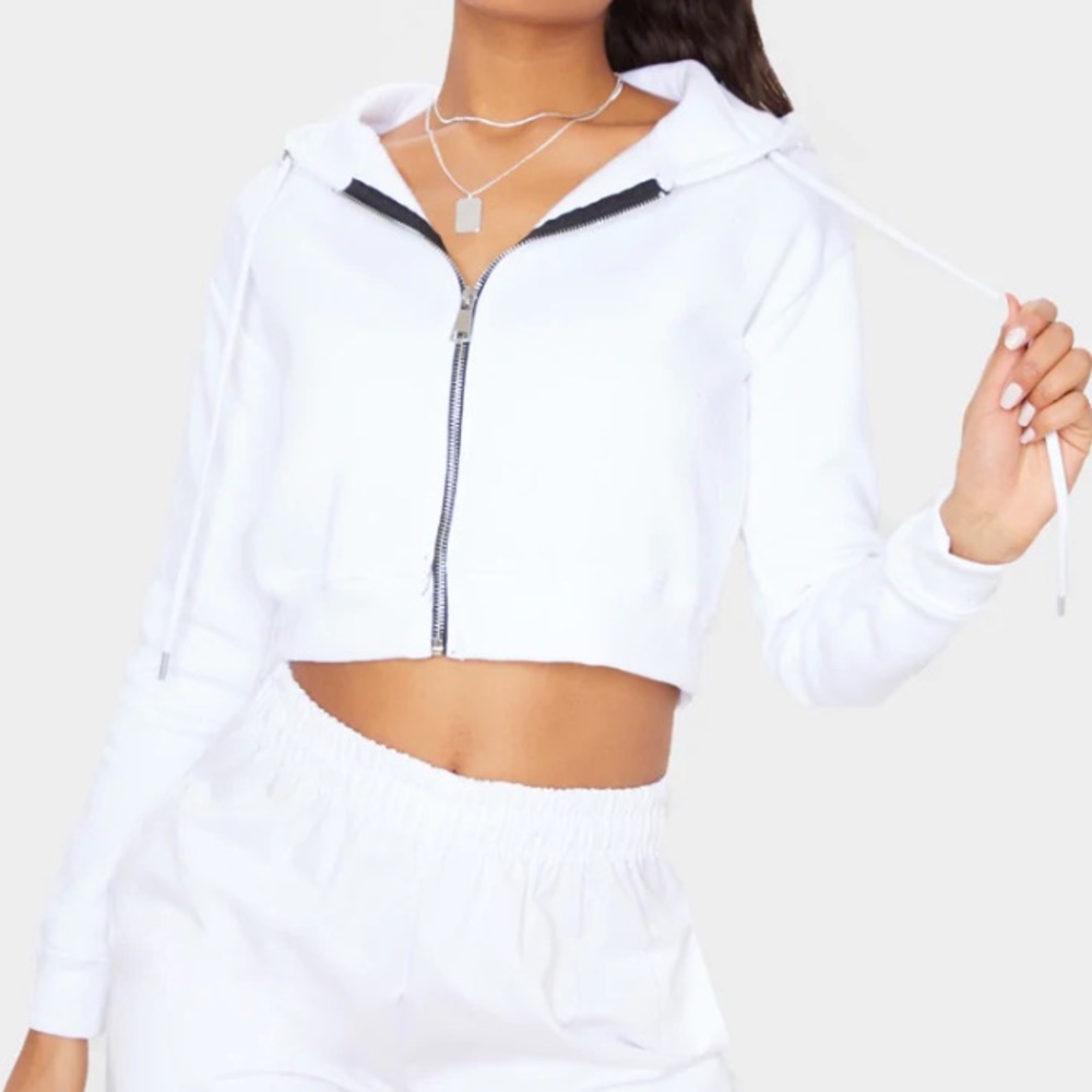 White Crop Zip Hoodie